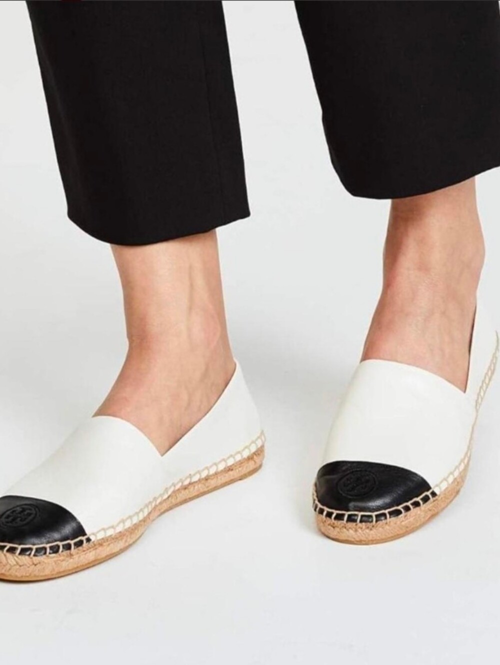 Tory Burch White Espadrille Flats with Black Toe Cap Size 8